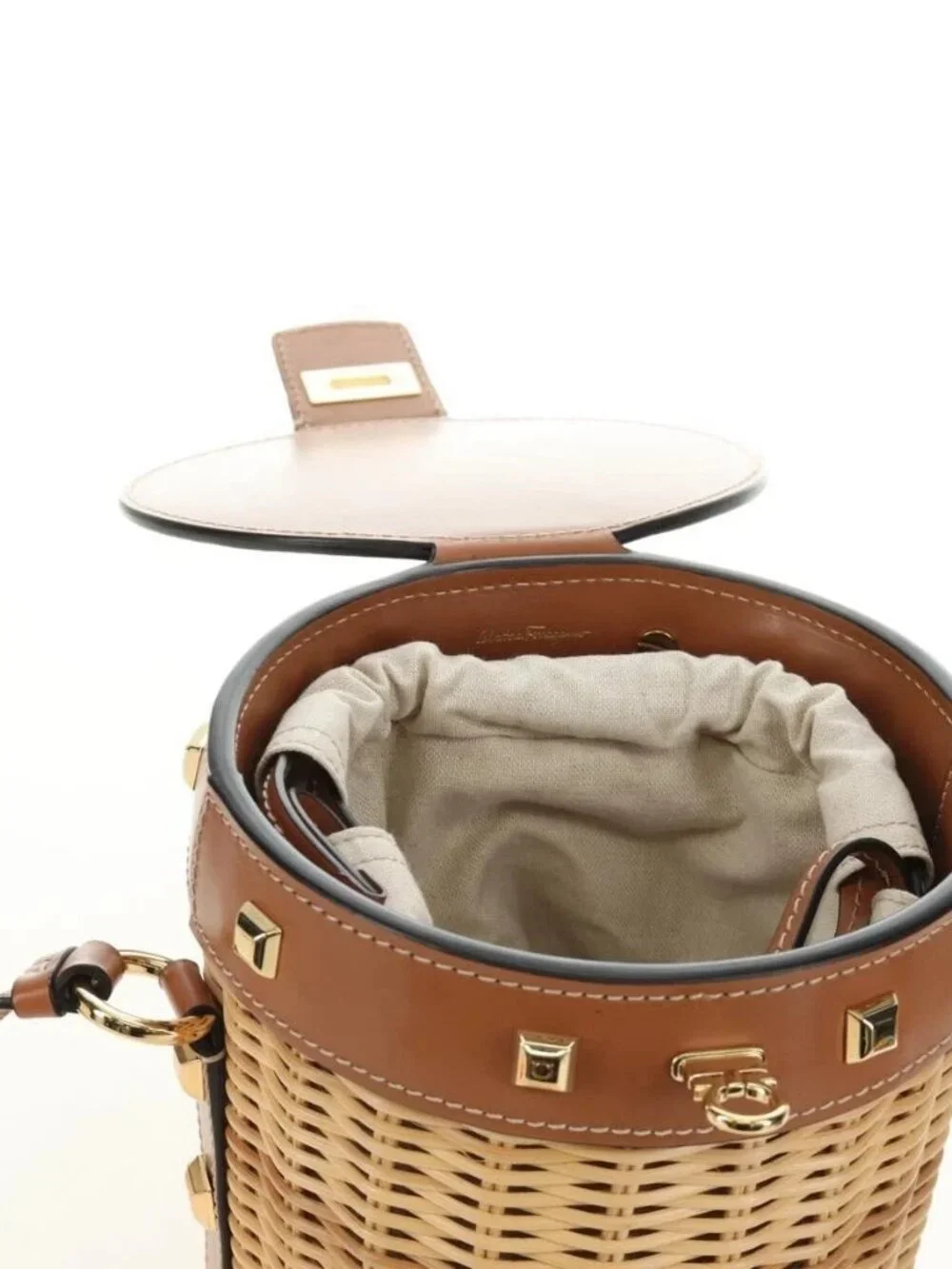 Salvatore Ferragamo Gancini Straw Bag Raffia Beige Gold Auth BA13293SM